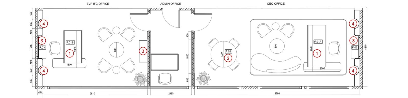 Floor plan drawing of Catrion's CEO and EVP IFC office in Riyadh, showing the EVP IFC office, admin office and CEO office zones with numbered custom furniture callouts
