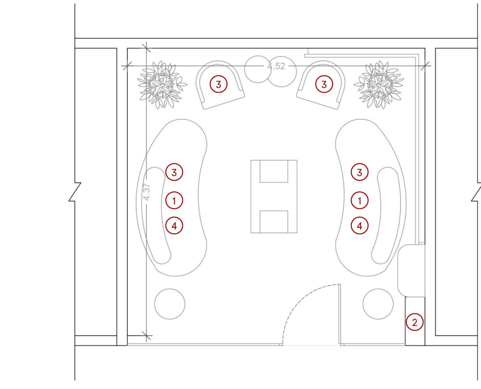 Floor plan drawing of Catrion's VIP waiting room in Riyadh IFC, showing the custom round sofa layout and shelving unit